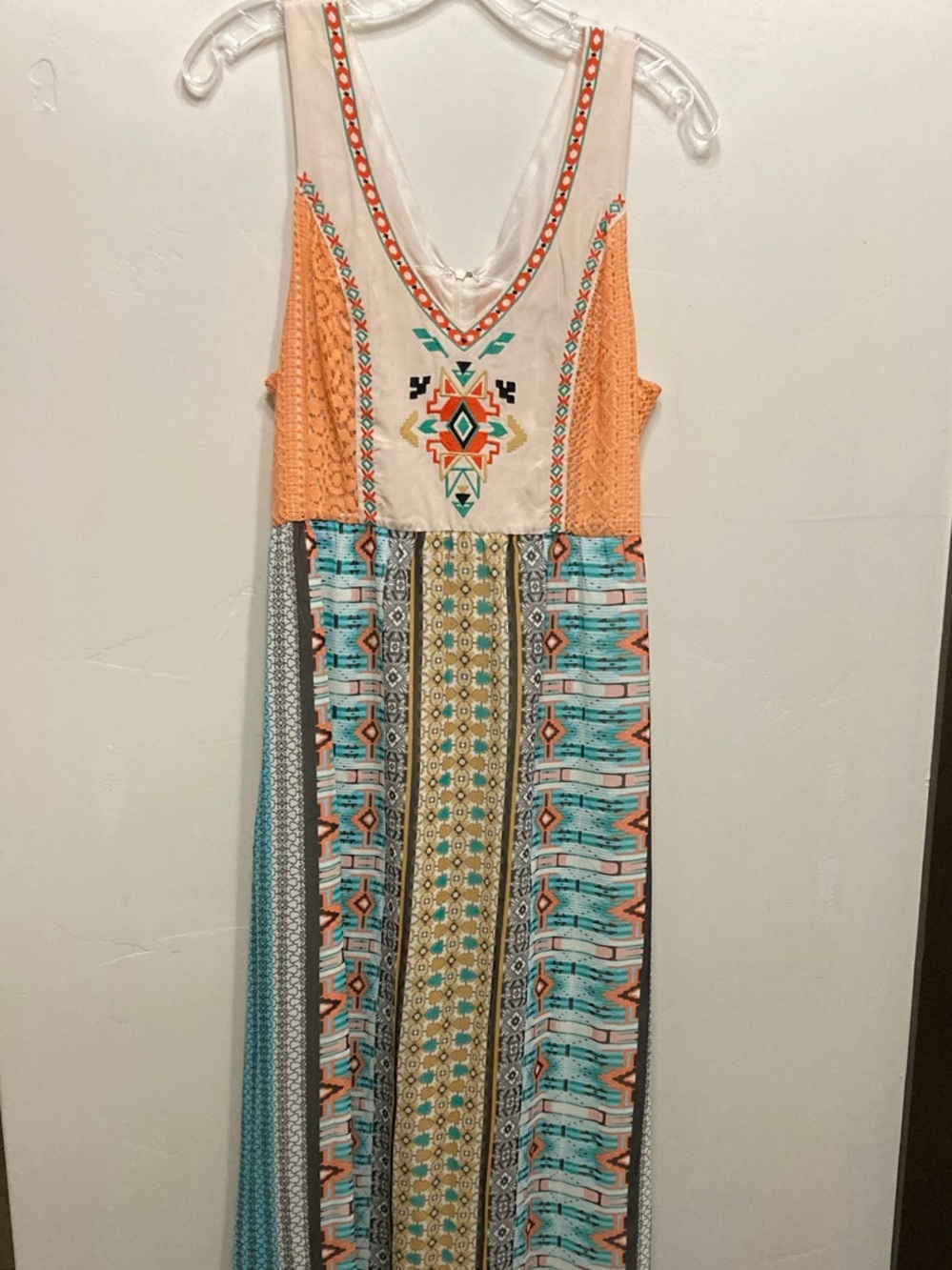 Flying Tomato Orange Crochet Bodice Maxi Dress with Turquoise Pattern